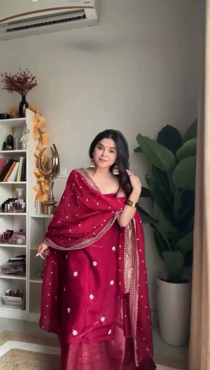 Women's Wine Red Embroidered Anarkali Suit Set with Dupatta