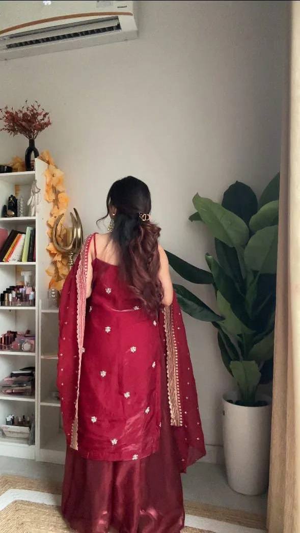 Women's Wine Red Embroidered Anarkali Suit Set with Dupatta