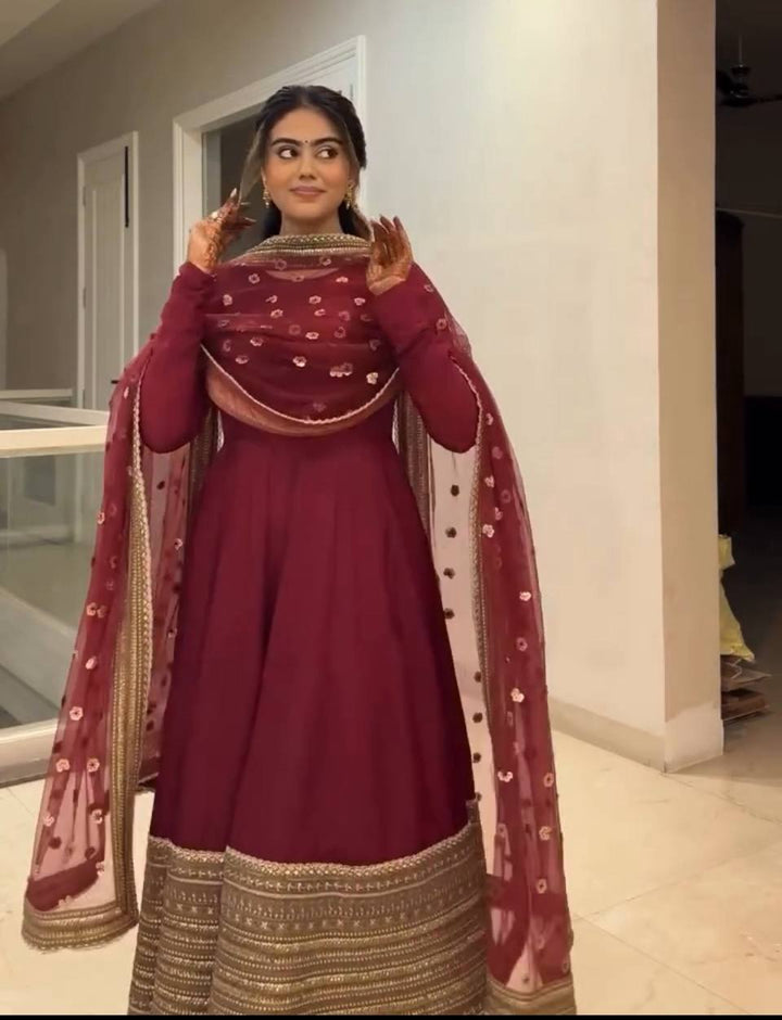 Women's Maroon Embroidered Anarkali Suit Set with Dupatta