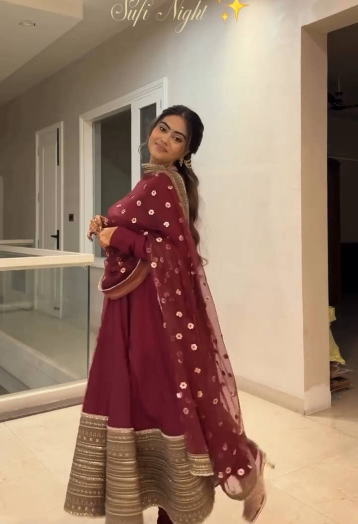Women's Maroon Embroidered Anarkali Suit Set with Dupatta