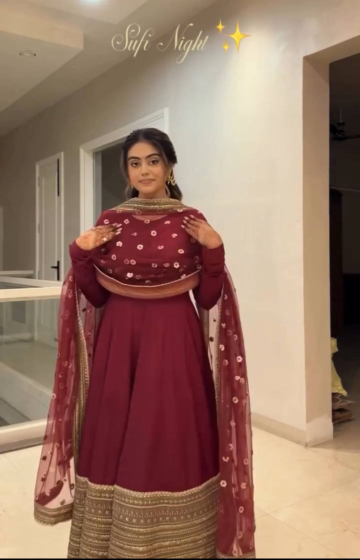 Women's Maroon Embroidered Anarkali Suit Set with Dupatta