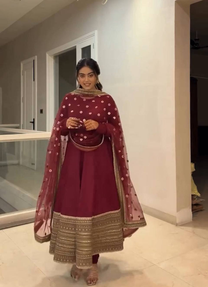 Women's Maroon Embroidered Anarkali Suit Set with Dupatta