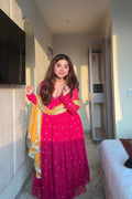 Women's Fuchsia Pink Embroidered Anarkali Suit Set with Yellow Dupatta