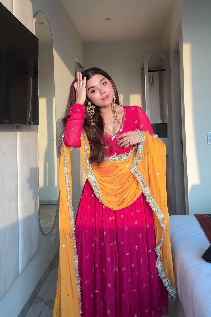 Women's Fuchsia Pink Embroidered Anarkali Suit Set with Yellow Dupatta