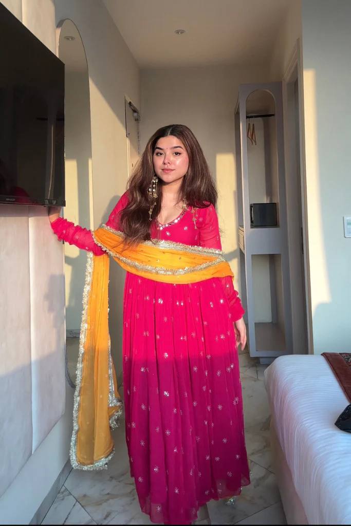 Women's Fuchsia Pink Embroidered Anarkali Suit Set with Yellow Dupatta