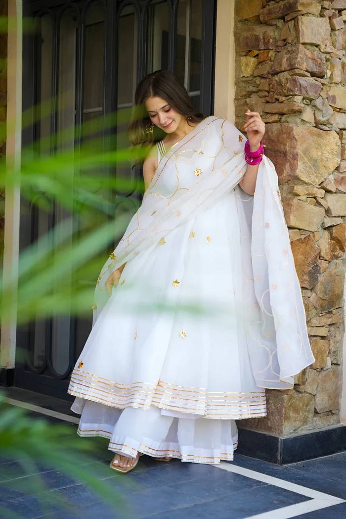 Women's White Embroidered Anarkali Suit Set with Dupatta