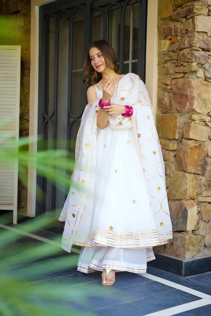 Women's White Embroidered Anarkali Suit Set with Dupatta