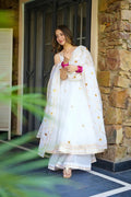 Women's White Embroidered Anarkali Suit Set with Dupatta