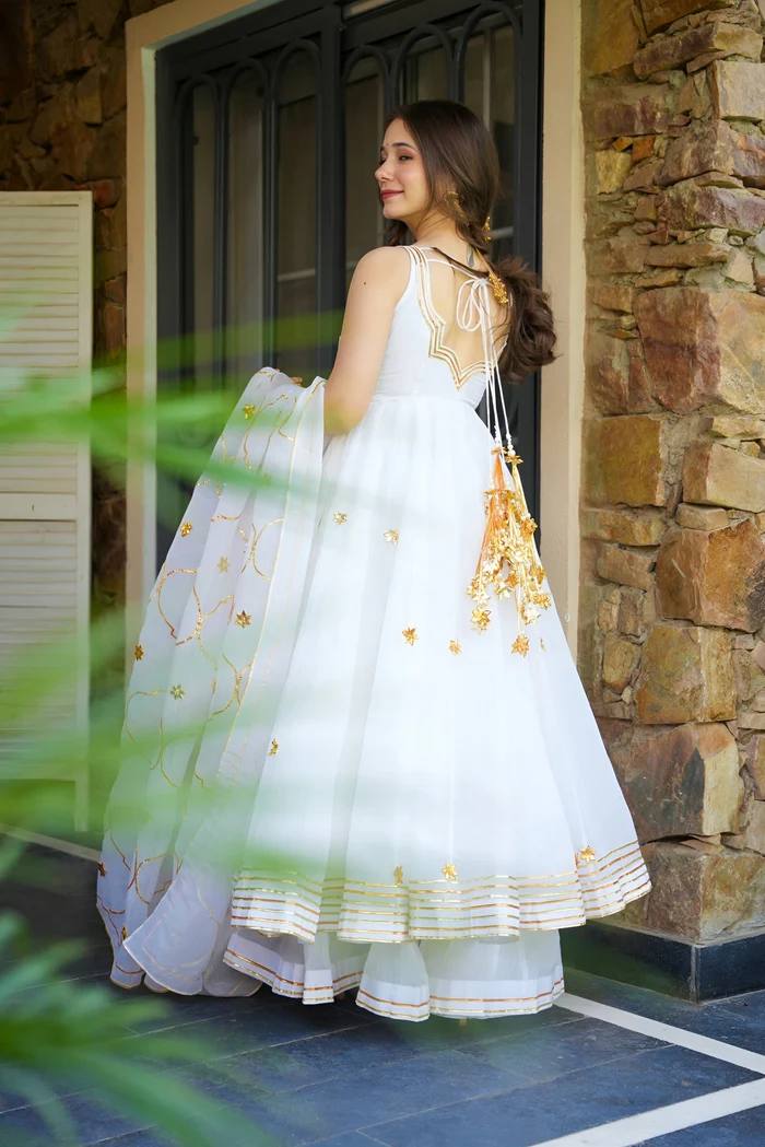 Women's White Embroidered Anarkali Suit Set with Dupatta