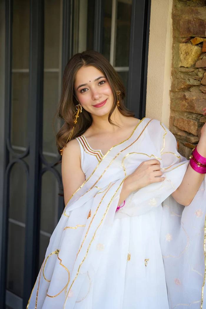 Women's White Embroidered Anarkali Suit Set with Dupatta