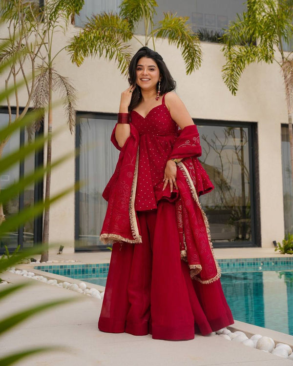 Women's Crimson Red Embroidered Sharara Suit Set with Dupatta