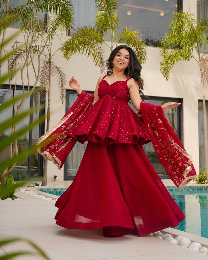 Women's Crimson Red Embroidered Sharara Suit Set with Dupatta