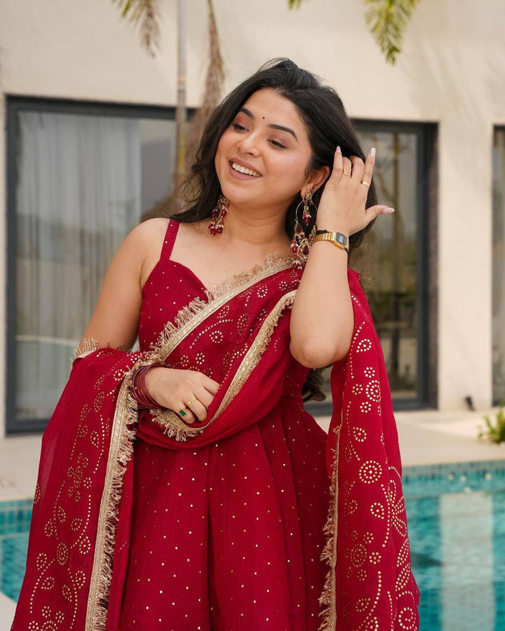 Women's Crimson Red Embroidered Sharara Suit Set with Dupatta