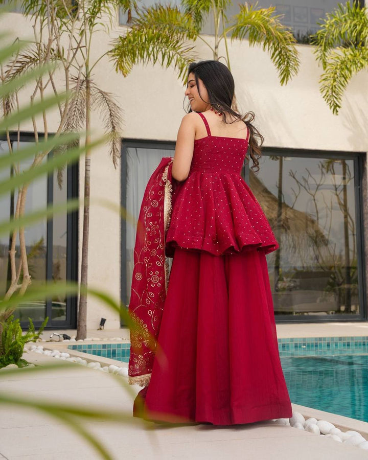 Women's Crimson Red Embroidered Sharara Suit Set with Dupatta