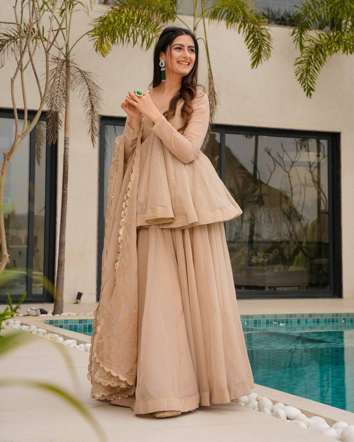 Women's Beige Embroidered Sharara Suit Set with Dupatta