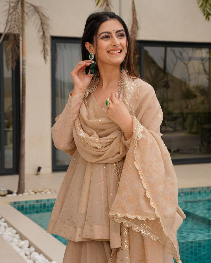 Women's Beige Embroidered Sharara Suit Set with Dupatta