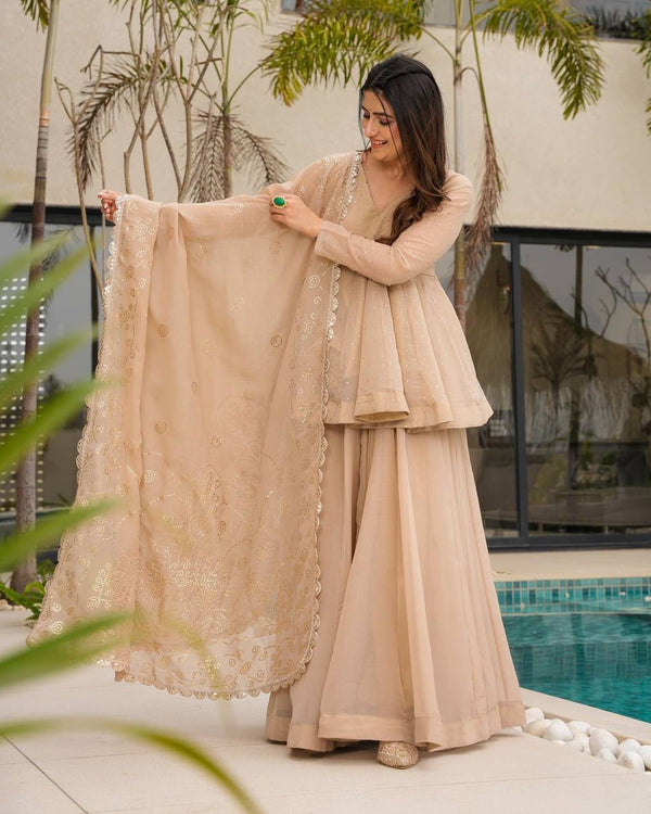Women's Beige Embroidered Sharara Suit Set with Dupatta