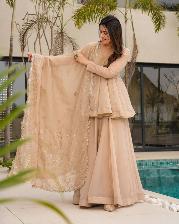Women's Beige Embroidered Sharara Suit Set with Dupatta