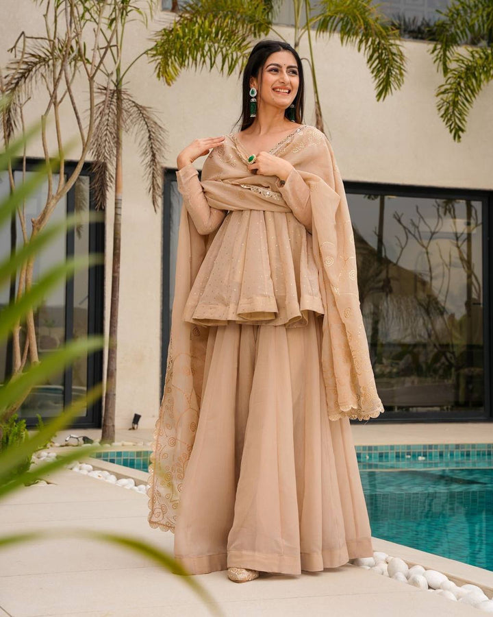 Women's Beige Embroidered Sharara Suit Set with Dupatta