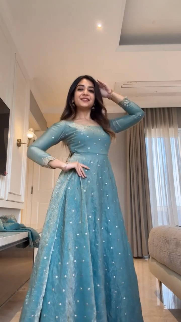 Women's Sky Blue Embellished Anarkali Gown with Dupatta