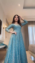 Women's Sky Blue Embellished Anarkali Gown with Dupatta