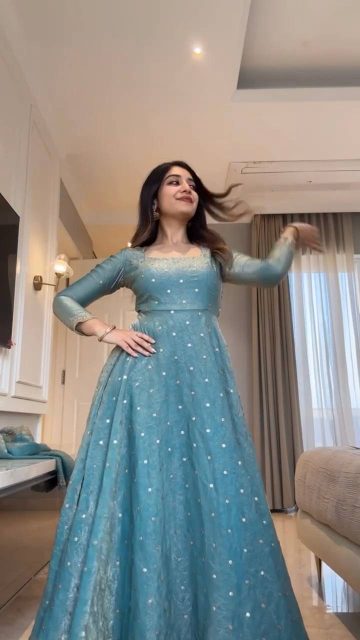 Women's Sky Blue Embellished Anarkali Gown with Dupatta