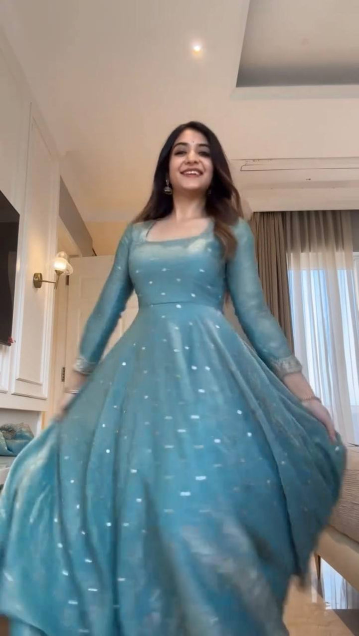 Women's Sky Blue Embellished Anarkali Gown with Dupatta