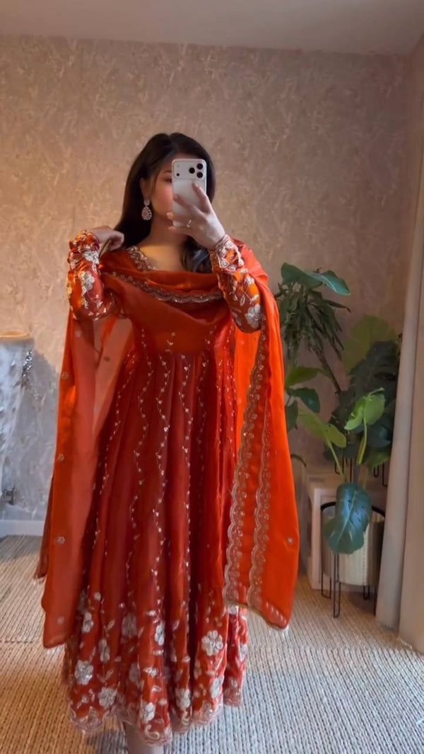Women's Rust Orange Embroidered Anarkali Suit Set with Dupatta