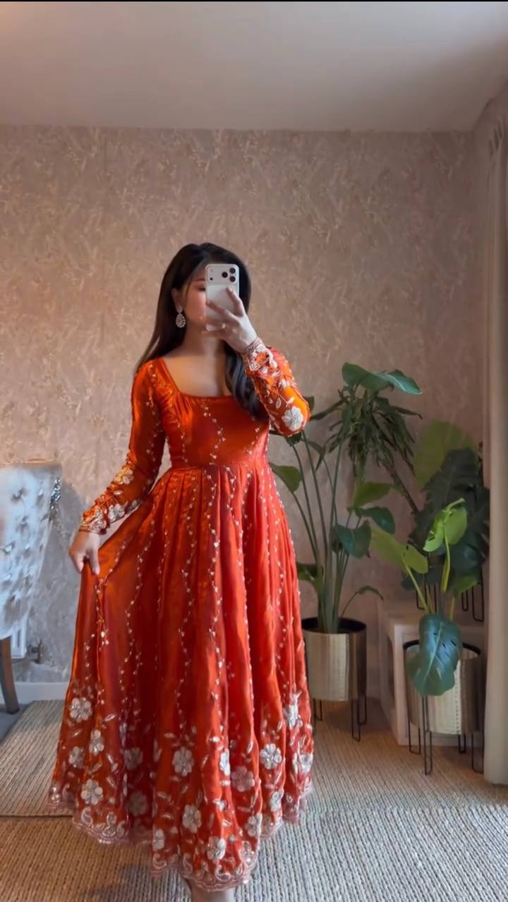 Women's Rust Orange Embroidered Anarkali Suit Set with Dupatta
