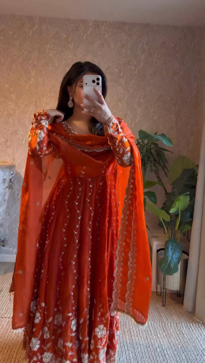 Women's Rust Orange Embroidered Anarkali Suit Set with Dupatta