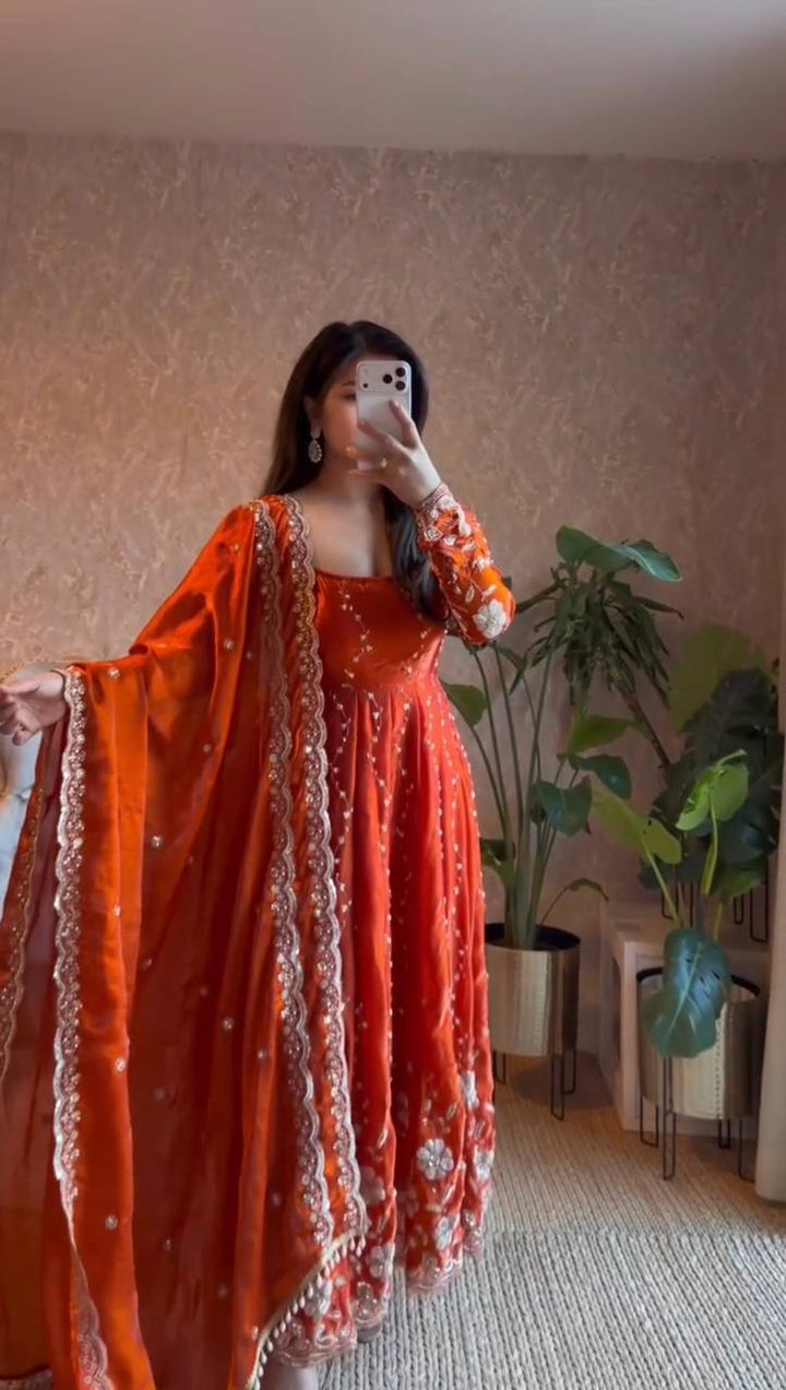 Women's Rust Orange Embroidered Anarkali Suit Set with Dupatta