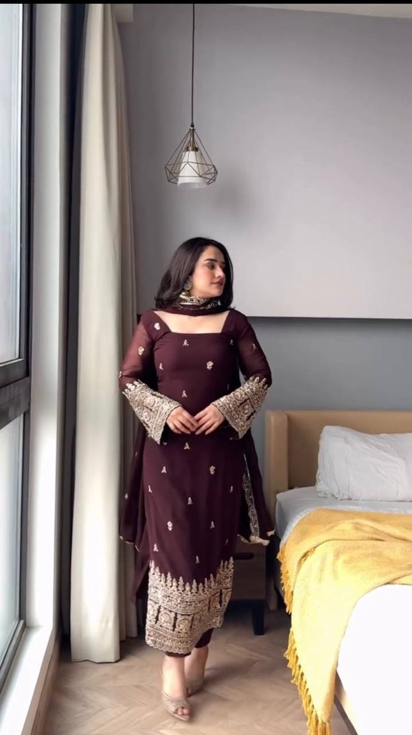 Women's Dark Maroon Embroidered Straight Suit Set with Dupatta