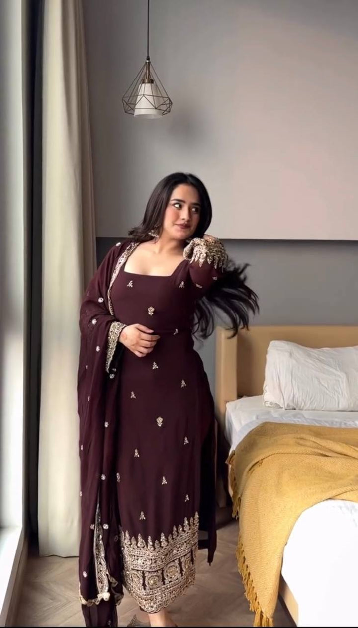 Women's Dark Maroon Embroidered Straight Suit Set with Dupatta