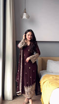 Women's Dark Maroon Embroidered Straight Suit Set with Dupatta