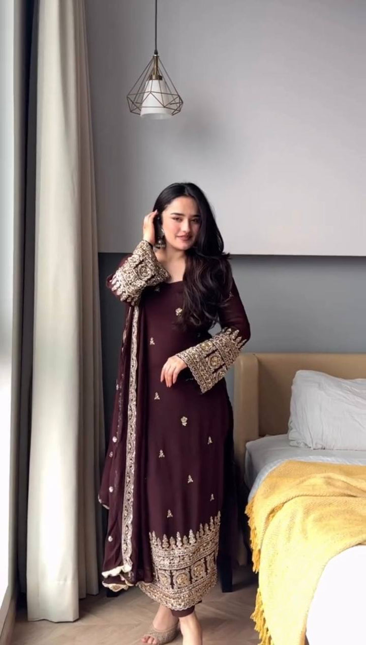 Women's Dark Maroon Embroidered Straight Suit Set with Dupatta