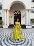 Women's Lime Green Embroidered Anarkali Suit Set with Dupatta