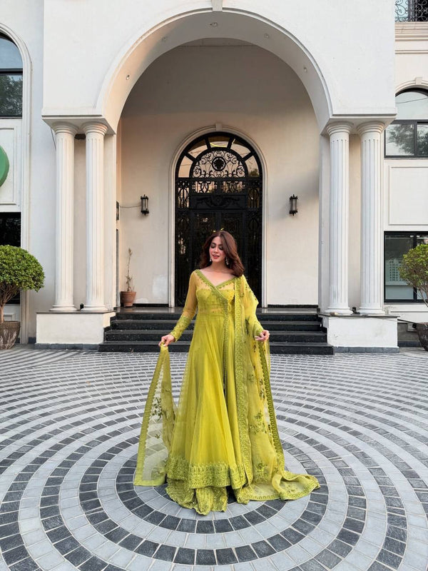 Women's Lime Green Embroidered Anarkali Suit Set with Dupatta