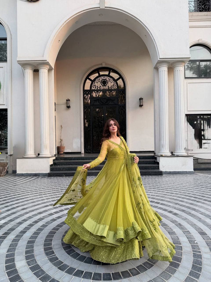 Women's Lime Green Embroidered Anarkali Suit Set with Dupatta