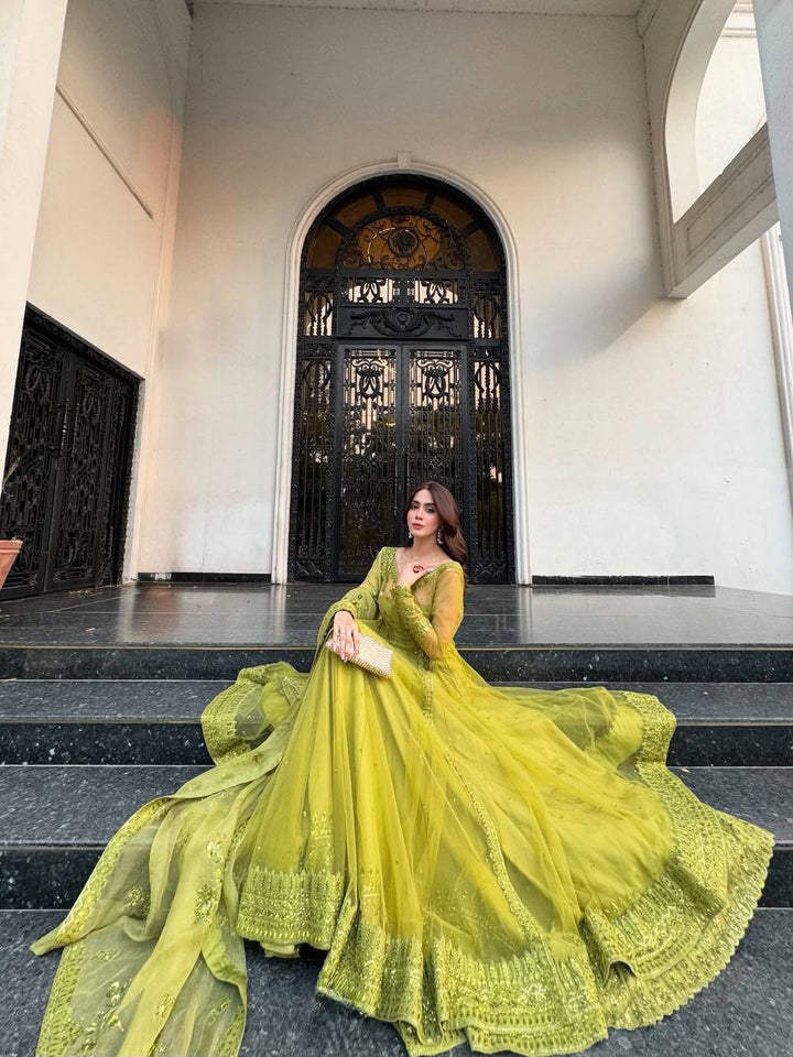 Women's Lime Green Embroidered Anarkali Suit Set with Dupatta