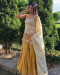 Women's Cream Embroidered Kurta Sharara Set with Dupatta