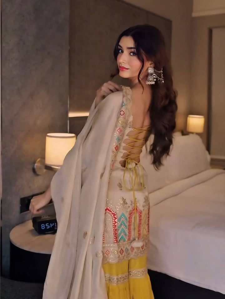 Women's Cream Embroidered Kurta Sharara Set with Dupatta