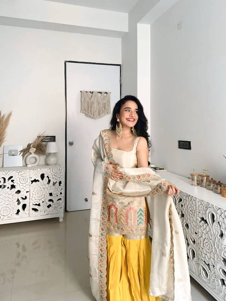 Women's Cream Embroidered Kurta Sharara Set with Dupatta