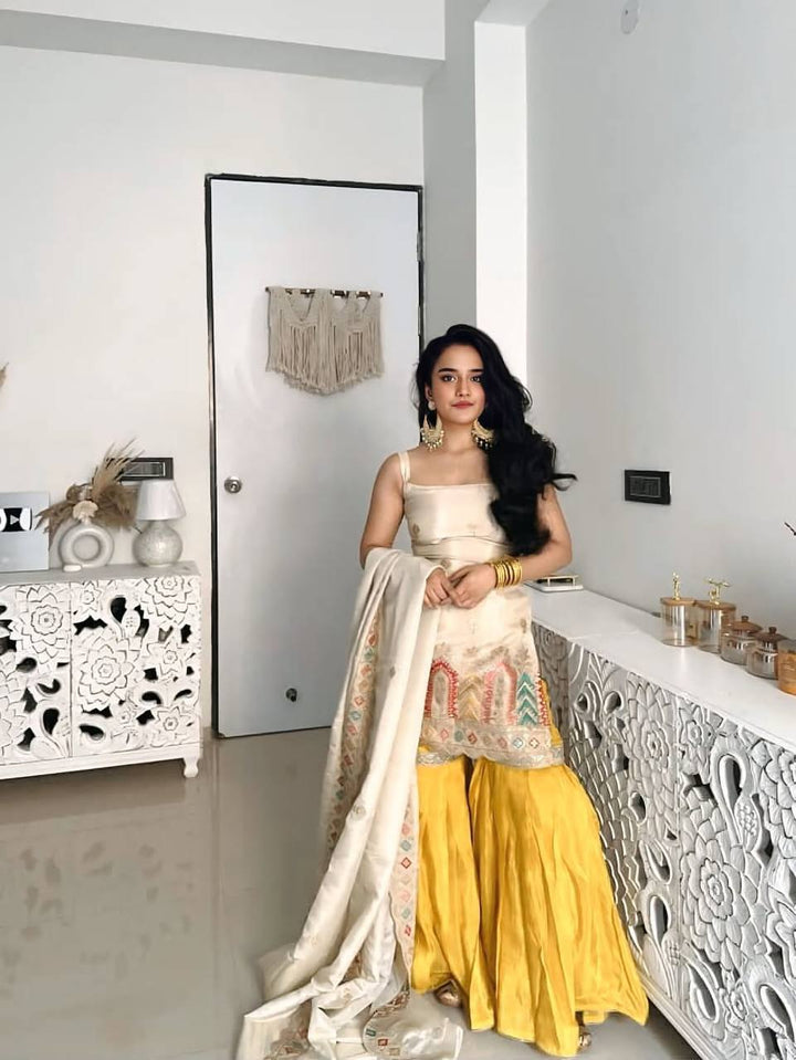 Women's Cream Embroidered Kurta Sharara Set with Dupatta