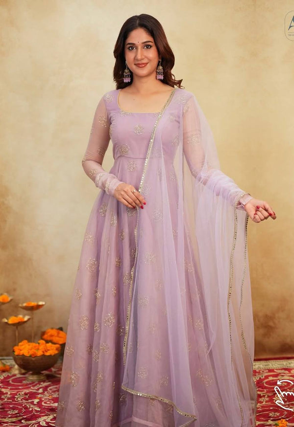 Women's Lavender Embellished Anarkali Gown with Dupatta