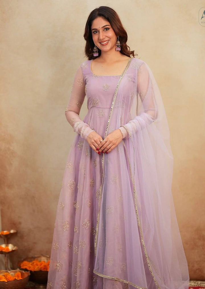 Women's Lavender Embellished Anarkali Gown with Dupatta