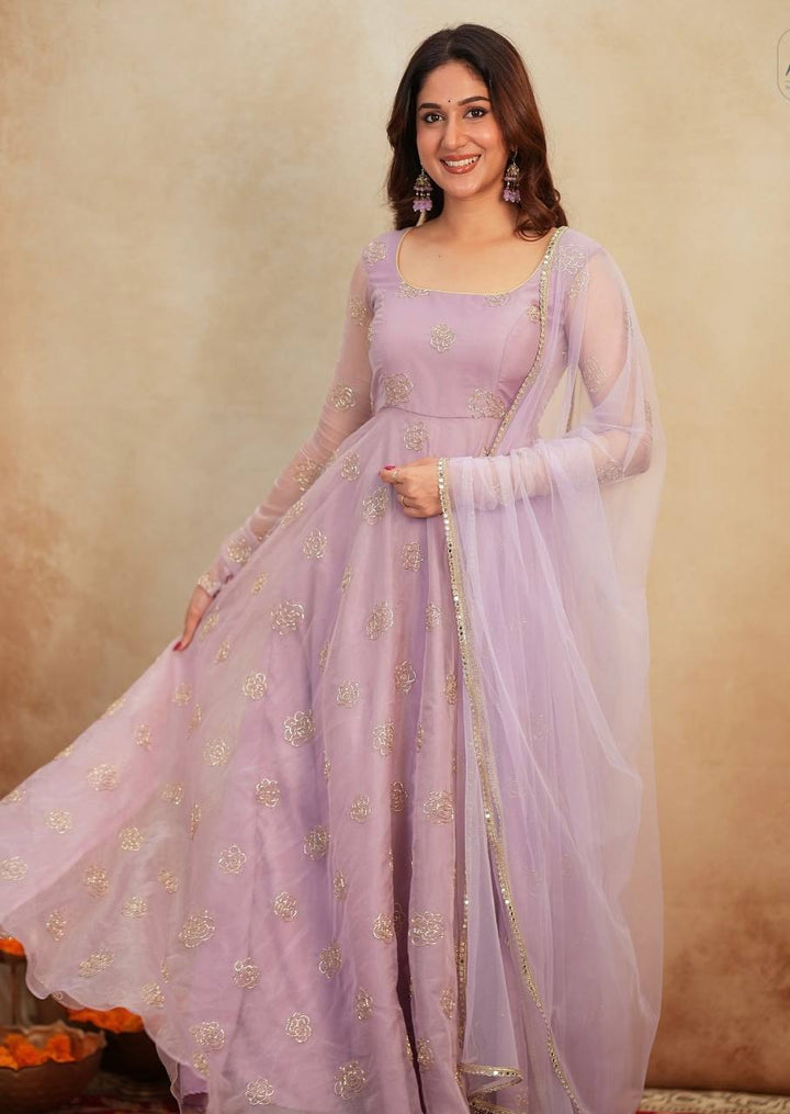 Women's Lavender Embellished Anarkali Gown with Dupatta