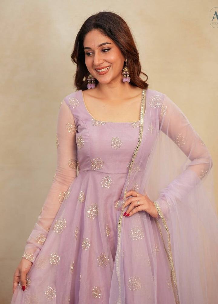 Women's Lavender Embellished Anarkali Gown with Dupatta