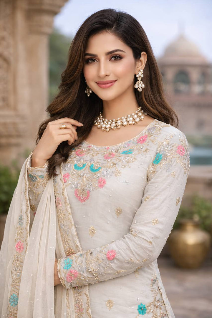 Women's Off-White Floral Embroidered Sharara Suit Set with Dupatta