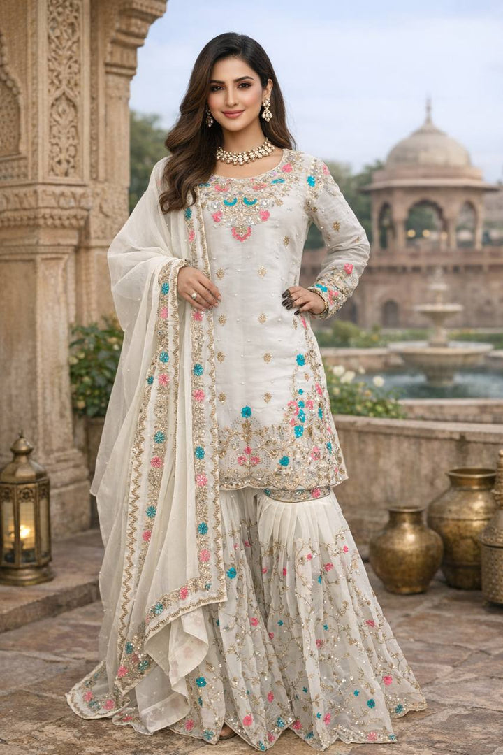 Women's Off-White Floral Embroidered Sharara Suit Set with Dupatta
