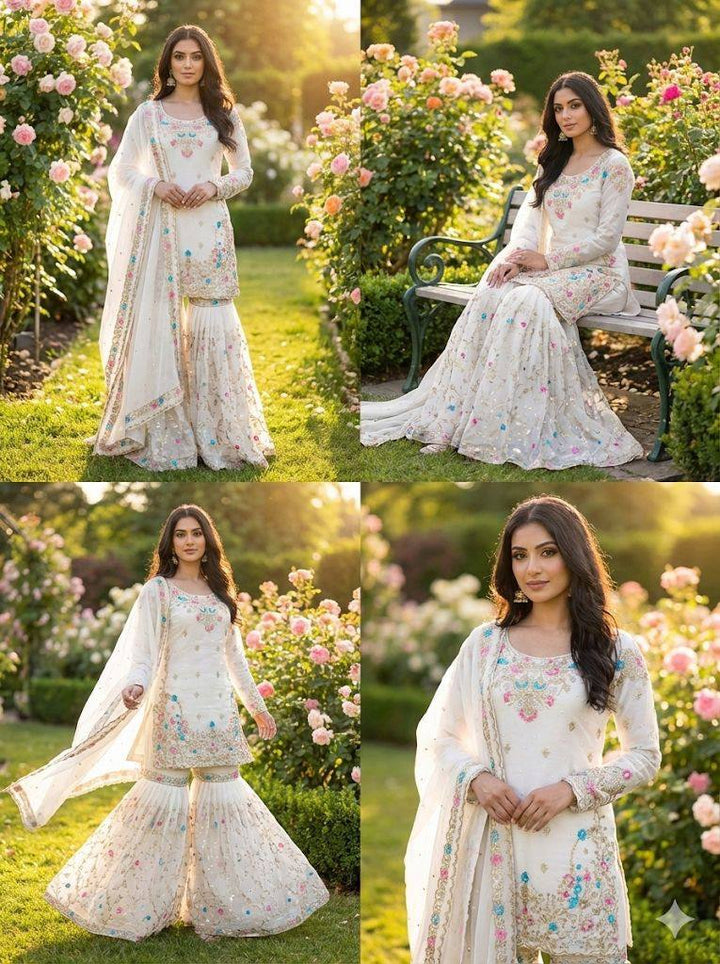 Women's Off-White Floral Embroidered Sharara Suit Set with Dupatta